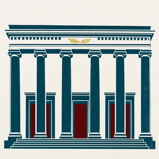 Illustration: die Fassade eines klassizistischen Amtsgebäudes mit Säulenreihe und drei Portalen, flächig im Siebdruck.