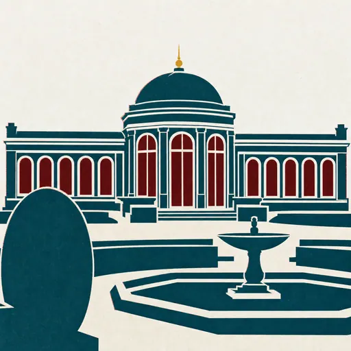 Illustration: die Gartenfassade eines Kurhaus-Pavillons mit flacher Kuppel, Rundbogenfenstern und Springbrunnen, flächig im Siebdruck.
