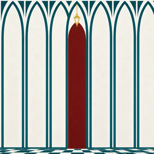Illustration: eine Arkadenwand, in der ein einziger Torbogen offen und beleuchtet ist, alle übrigen geschlossen, flächig im Siebdruck.
